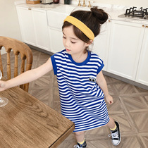 Girls Summer Dress Korean Striped T-Shirt Skirt Little Girl Casual Skirt Kids Baby Loose Navy Dress