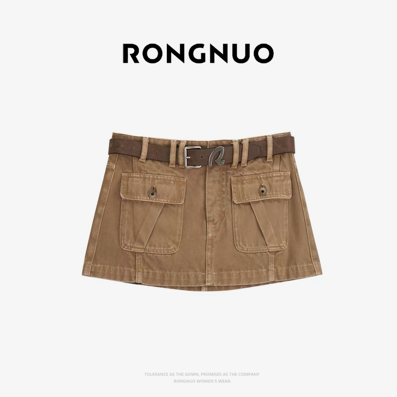 Rongnuo [Skirt] Summer New Designer Style Retro Outdoor Style Khaki Workwear Short Skirt 66377