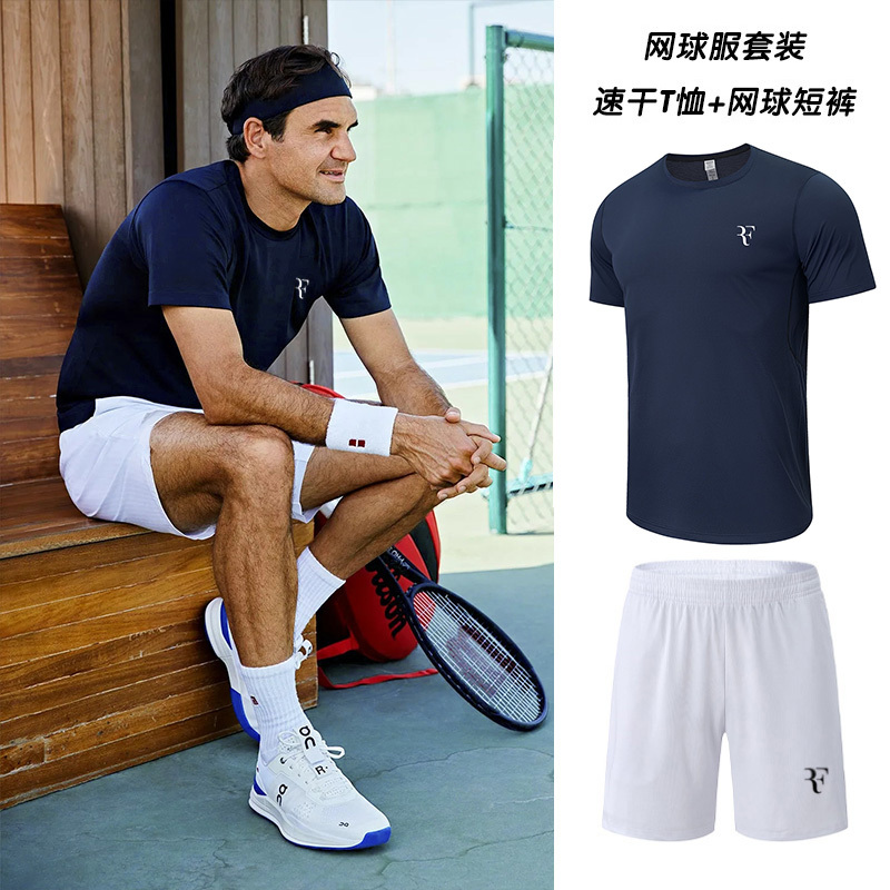 2025 New Federer Tennis Suit Men's Quick-Drying Breathable Round Neck Short-Sleeved Sports Top Tennis Shorts