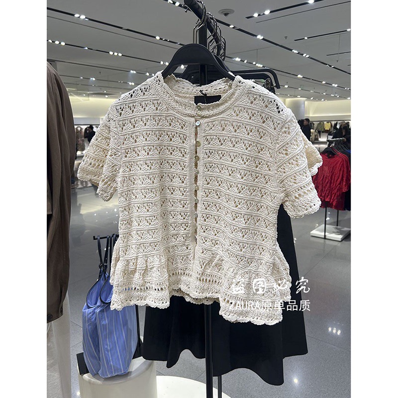 2026 Spring Women's Sweet Style Loose Round Neck Single-Breasted Hollow Short Sleeve Knitted Cardigan Jacket 6236008