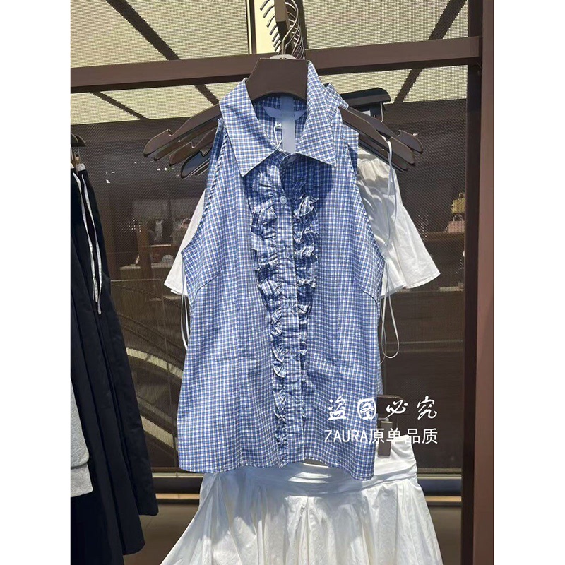Nb&Ur New Summer Women's Fashion Spicy Girl Style Slim Fit Halter Neck Ruffled Plaid Tie Sleeveless Shirt