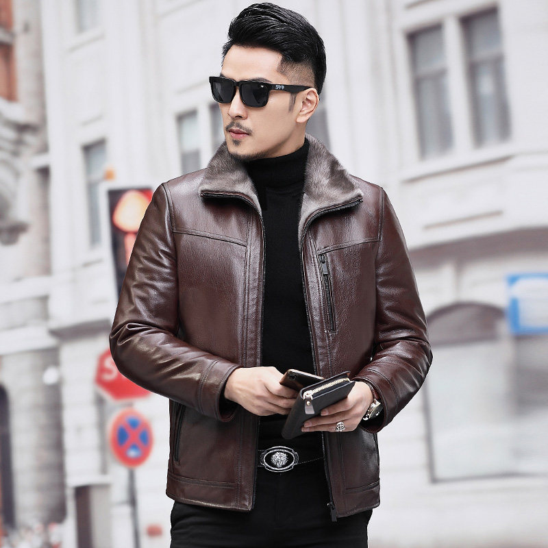 Henning Cross Water Mink Liner Genuine Leather Leather Clothing Male Goat Leather Jacket Capsized Fur Integrated Mink Thickened Jacket-Taobao