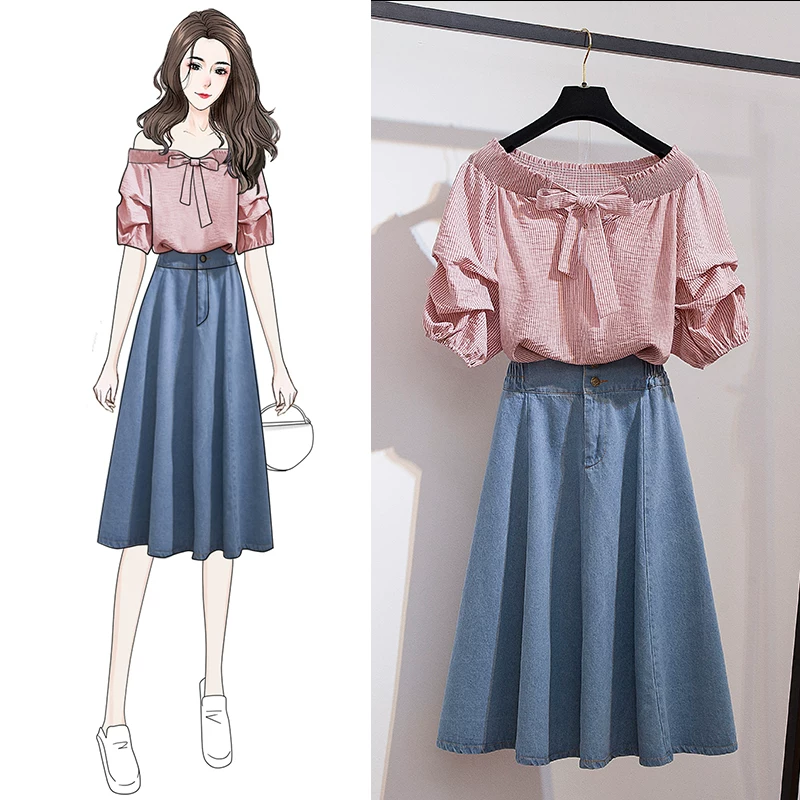 Summer fresh set, long denim skirt, 2021 collection, mid-length