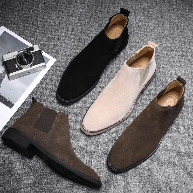 Martin Boots for Men, New Style, Genuine Leather, Pointed Toe, Mid-High Top, Suede Leather Shoes, Casual Short Boots, Chelsea Boots for Men, Autumn and Winter, with Fleece Lining
