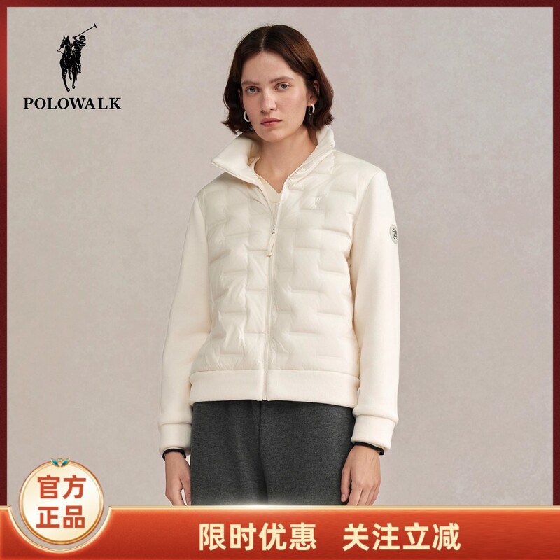 【90 Goose Down】Polowalk Women's Jacket 2025 Winter New Korean Style Patchwork Warm Stand Collar Top for Women