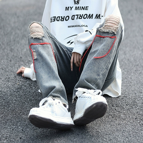 Флисовые демисезонные джинсы с начесом, штаны, свободный прямой крой, оверсайз