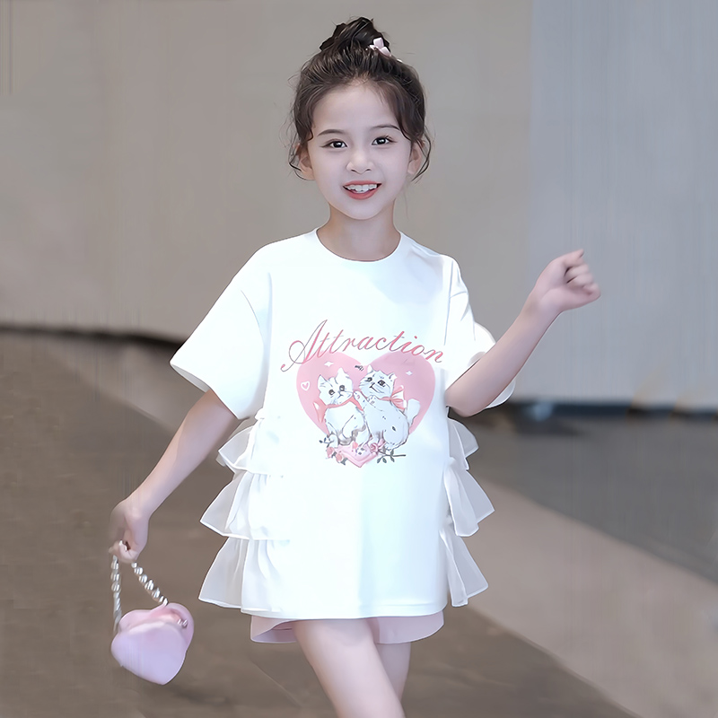 女の子半袖夏服2025新型子供漫画Tシャツスカート夏薄手女の子半袖トップスT