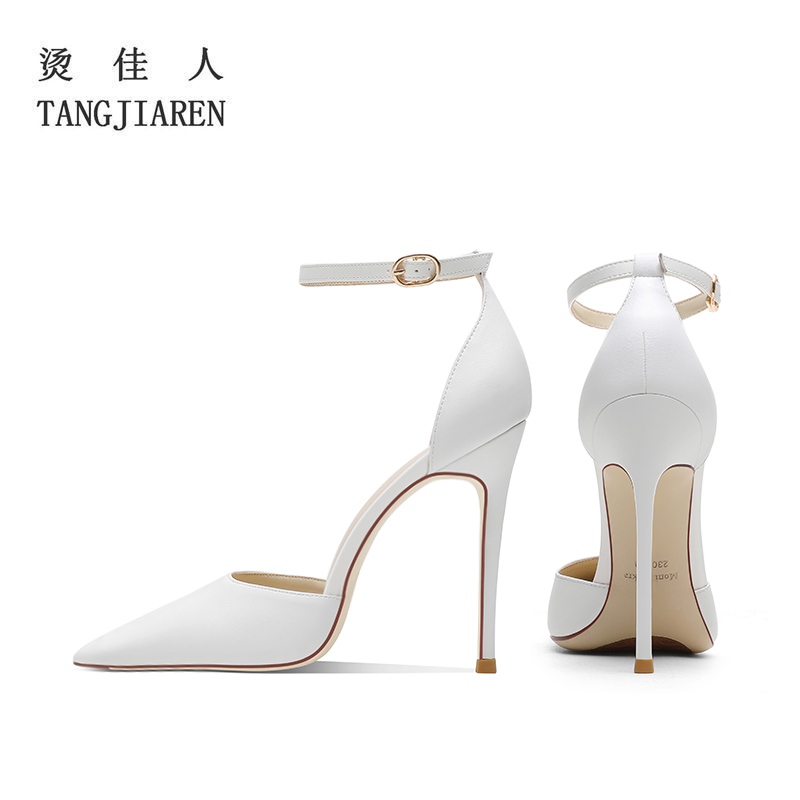 2025 Spring/Summer New Sheepskin Ankle-Strap White High Heels Women's Stiletto Red Sole Hollow Sexy Closed-Toe Sandals