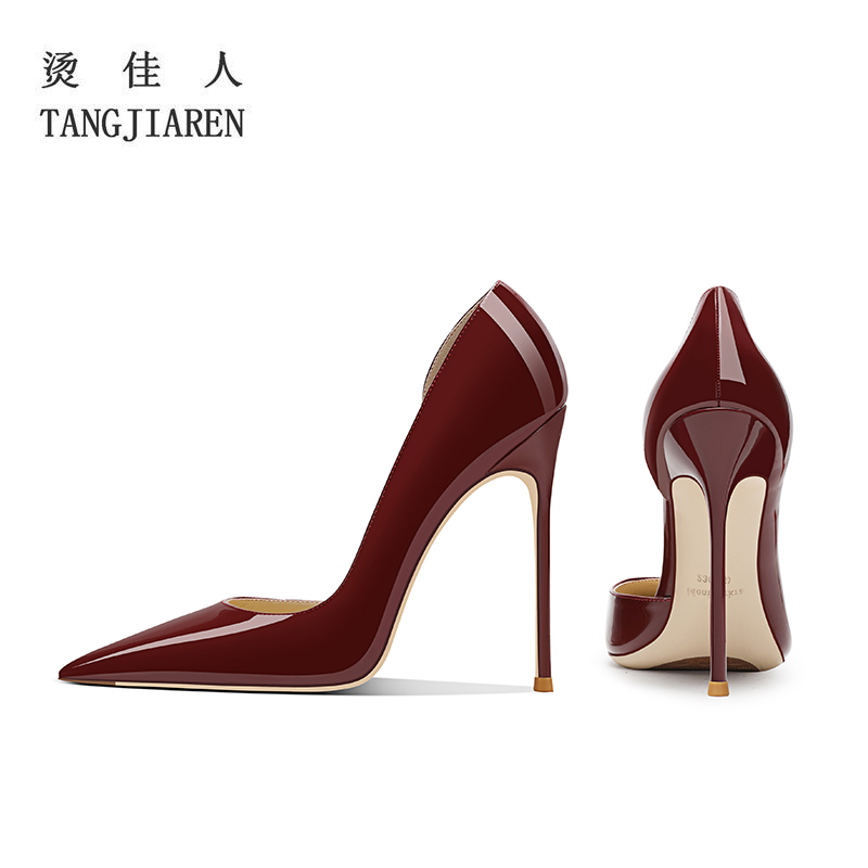 2026 Fashion Classic Burgundy Side Cutout High Heels Women's Stiletto 12cm Shallow Sexy Pointed Toe Red Sole Elegant Pumps