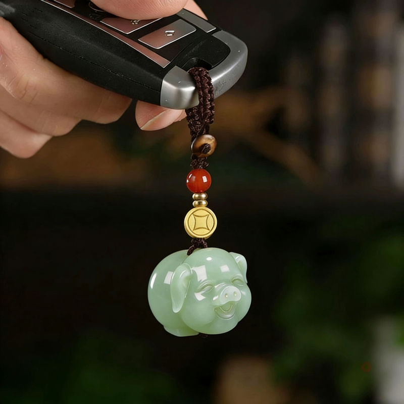 Hetian Jade Twelve Zodiac Pig Phone Chain Pendant Rope for Men and Women, Cute USB Flash Drive Pendant, Creative Bag Decoration