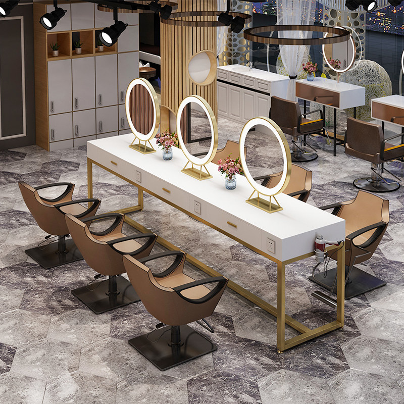 LED light makeup mirror Beauty salon perm hair wrought iron mirror barber shop double-sided with lights round mirror table integrated