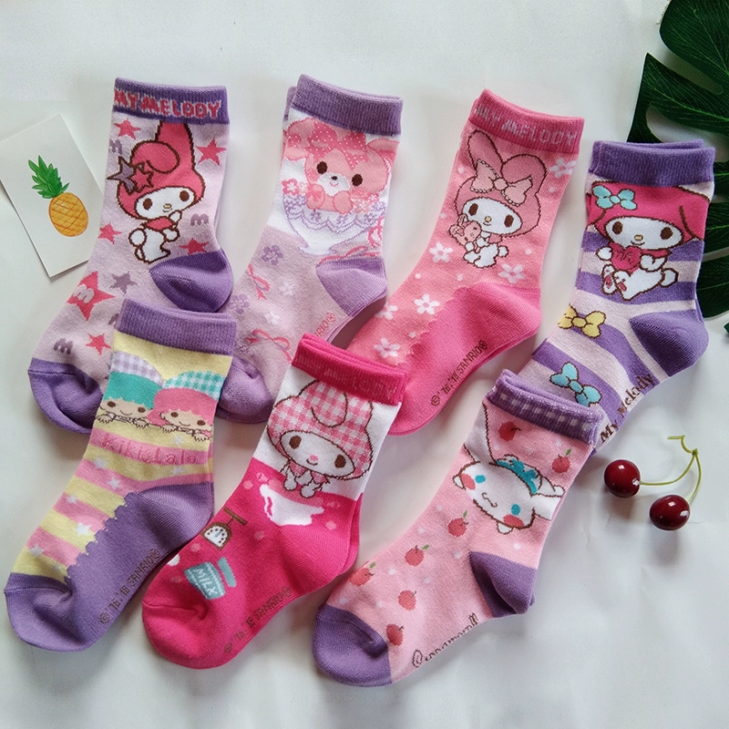 Tất bé gái hoạt hình dễ thương Tất cotton nguyên chất cho trẻ em Hello Kitty Kitty ống giữa 5-6-7-8-9 tuổi Vớ