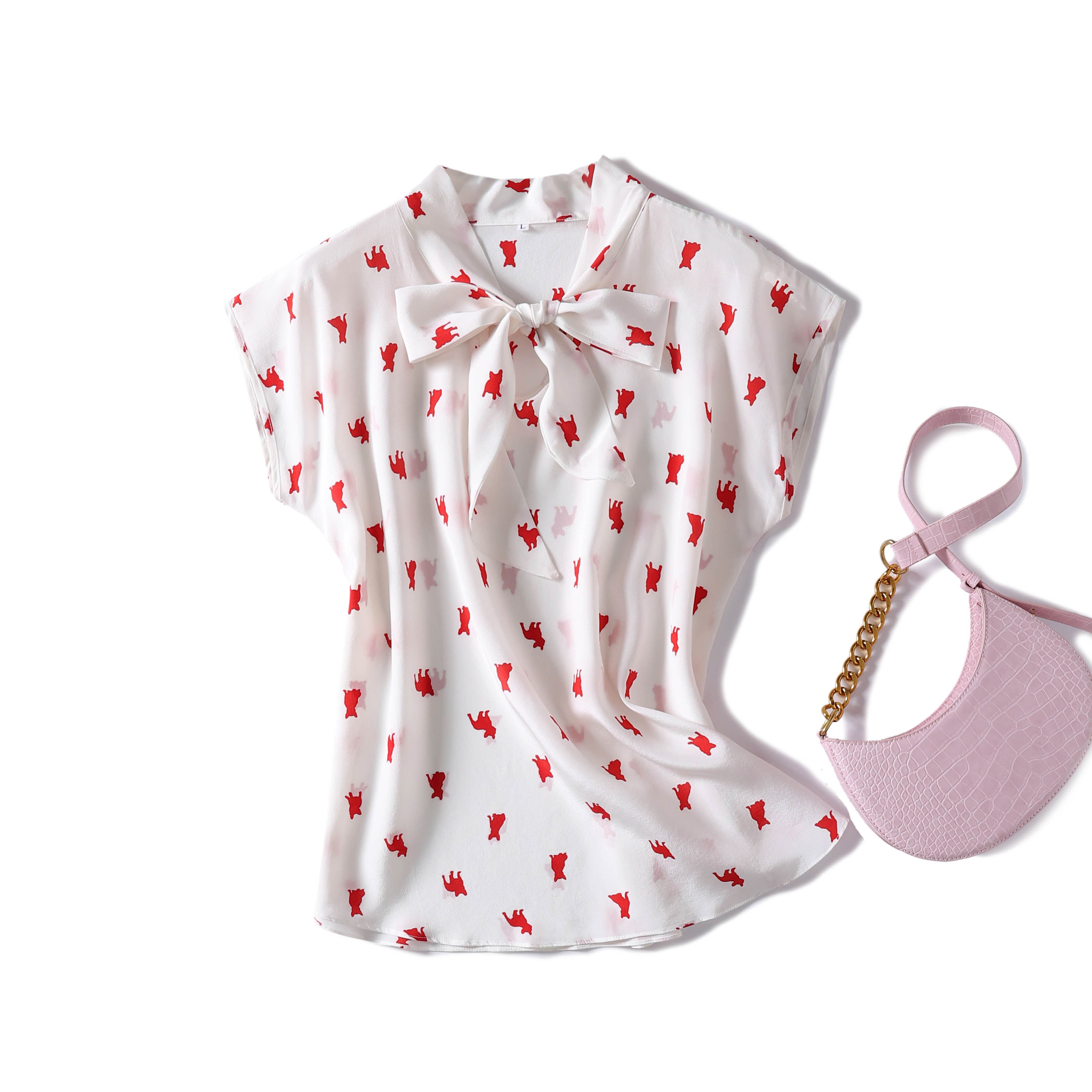 2021 Summer printed silk shirt Women's short sleeve OL commuter style elegant mulberry silk blouse bow streamer shirt