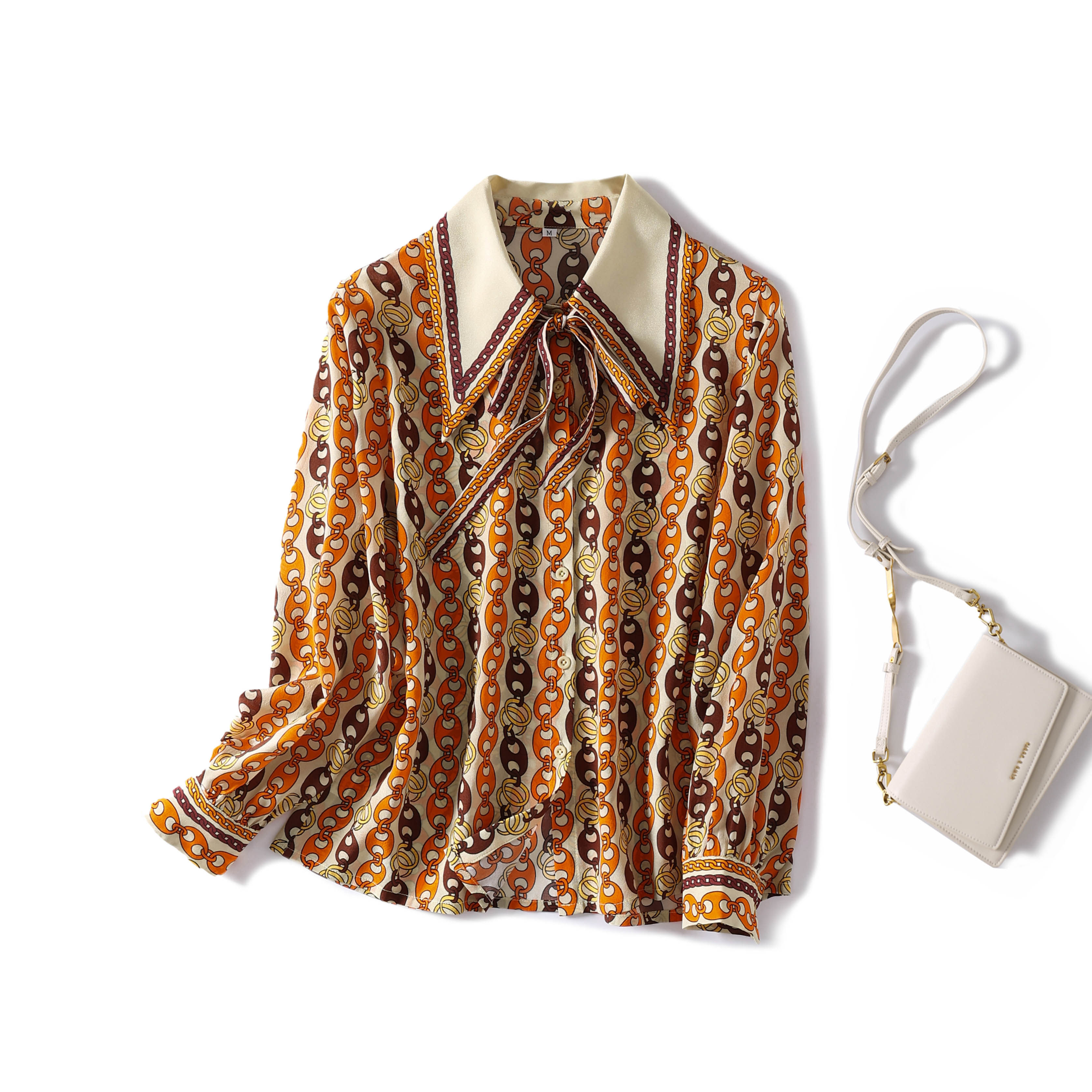 Light luxury quality silk shirt women's long-sleeved fashion tip collar streamer bow mulberry silk printed top spring