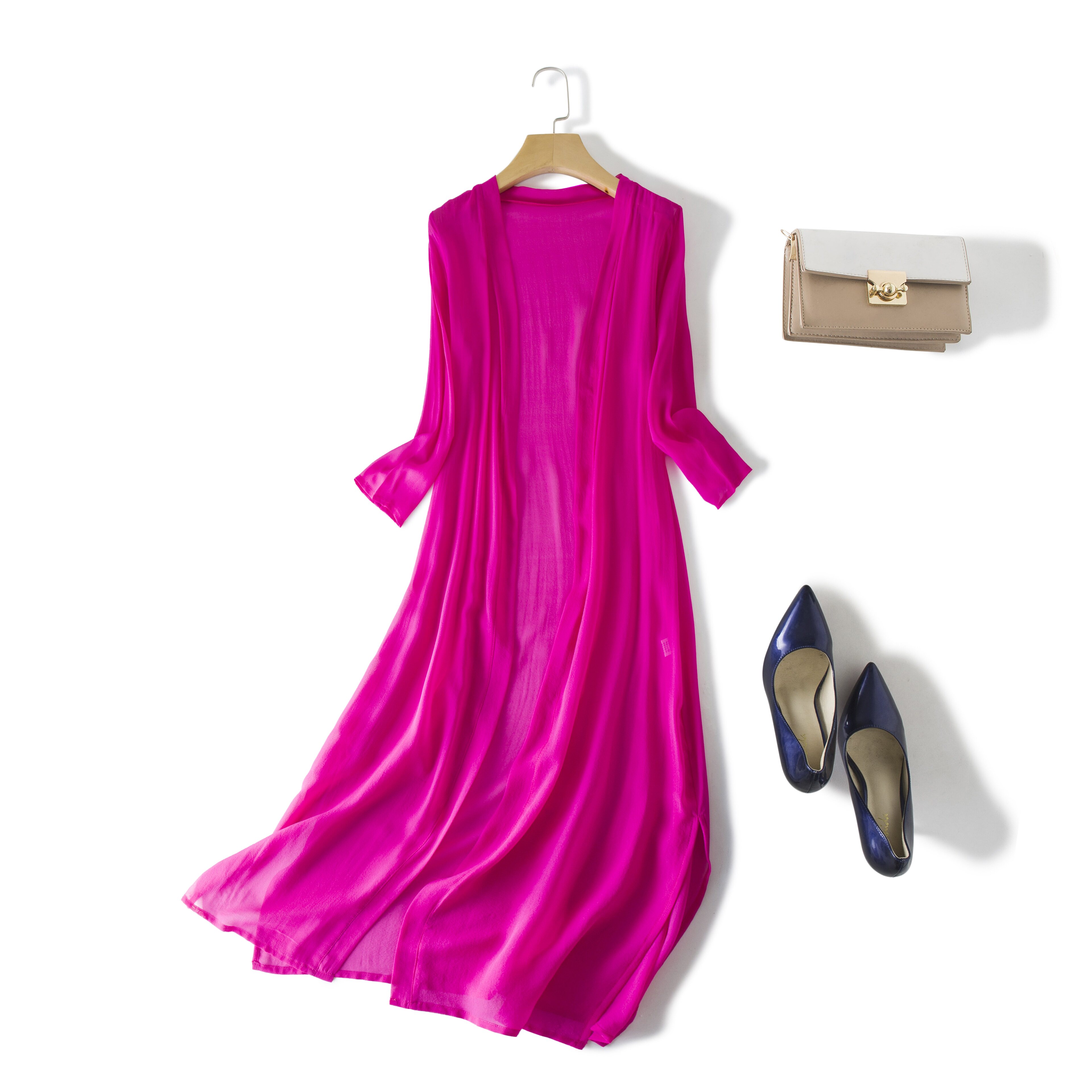 2021 new spring and summer thin section true silk mulberry silk pure color cardiovert blouse with long version sunscreen woman shawl shoulder jacket