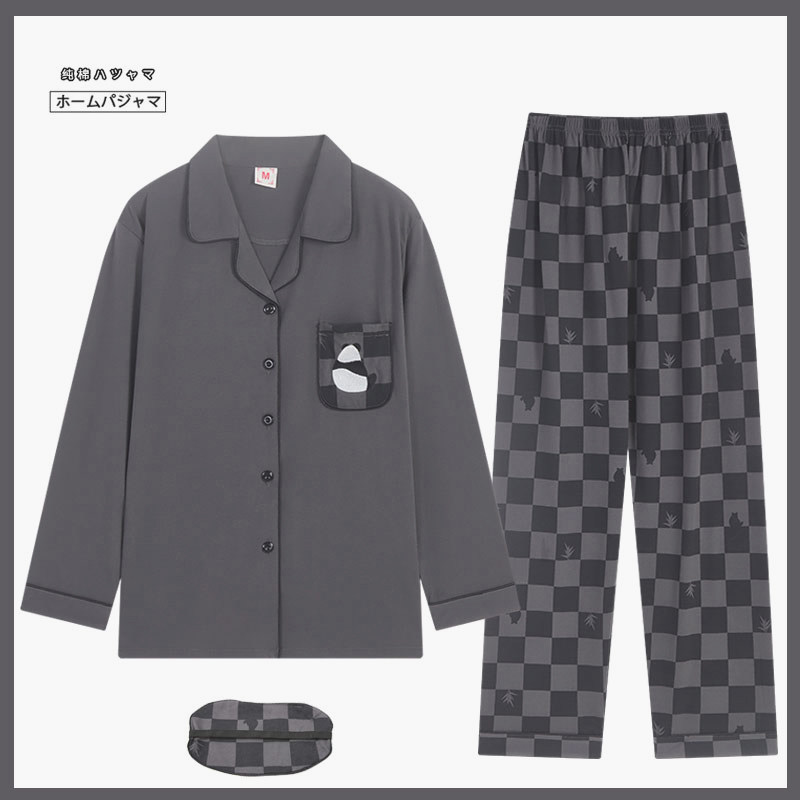 Beast Pajamas Autumn and Winter Home Service Couples Cotton Long-sleeved Embroidery Panda Plaid Suit for Men and Women