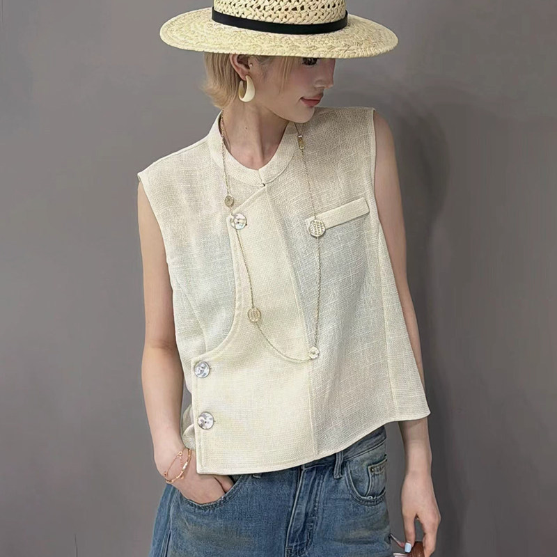 Korean Style Chanel-Inspired Sleeveless Vest for Women, European Thin Design, 2026 Summer Stand Collar Button Versatile Slimming Top