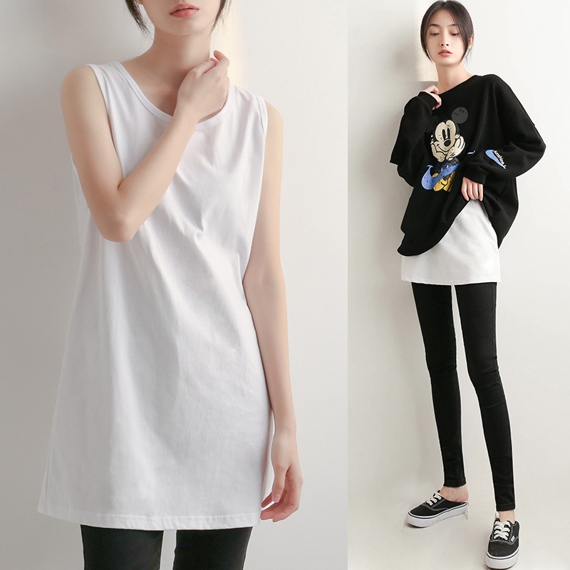 Spring and Autumn Sweatshirt Base Layer Tank Top for Women, Round Neck, Mid-Length, Sleeveless, White, Butt-Covering, Layered Camisole Base Shirt