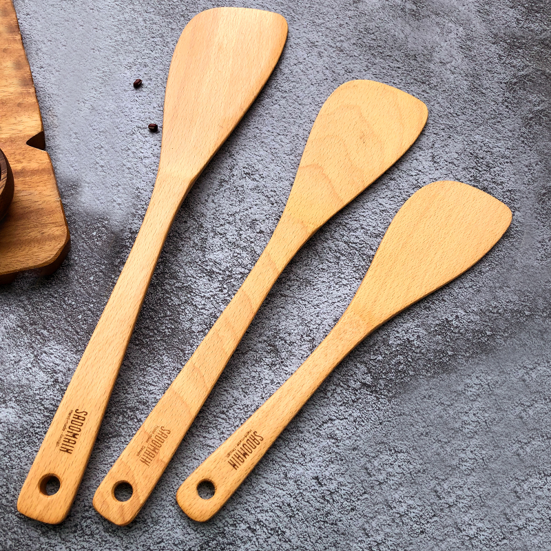 Taiwan Senderman Mountain beech flat bottom pan special boiler shovel imported natural beech wood not stained with pan long handle eco-friendly wood shovel