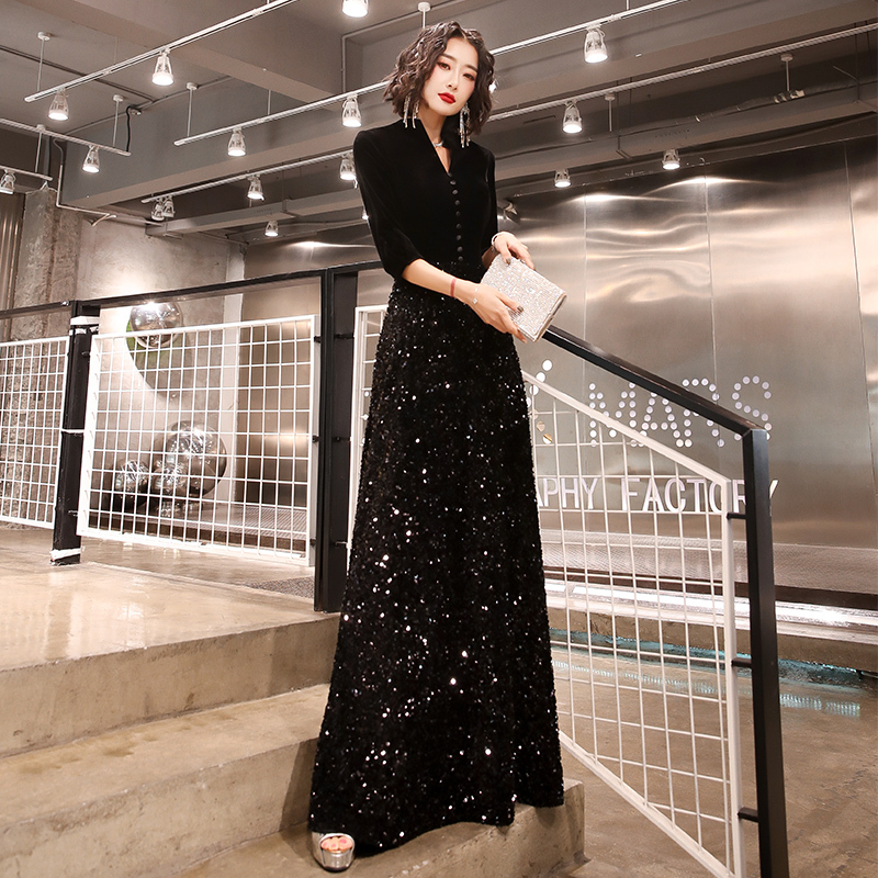 Evening Dress for Women, High-End, Banquet, Niche, Light Luxury, Black, Art Exam, Host, Piano Conductor, Sequins, Annual Meeting
