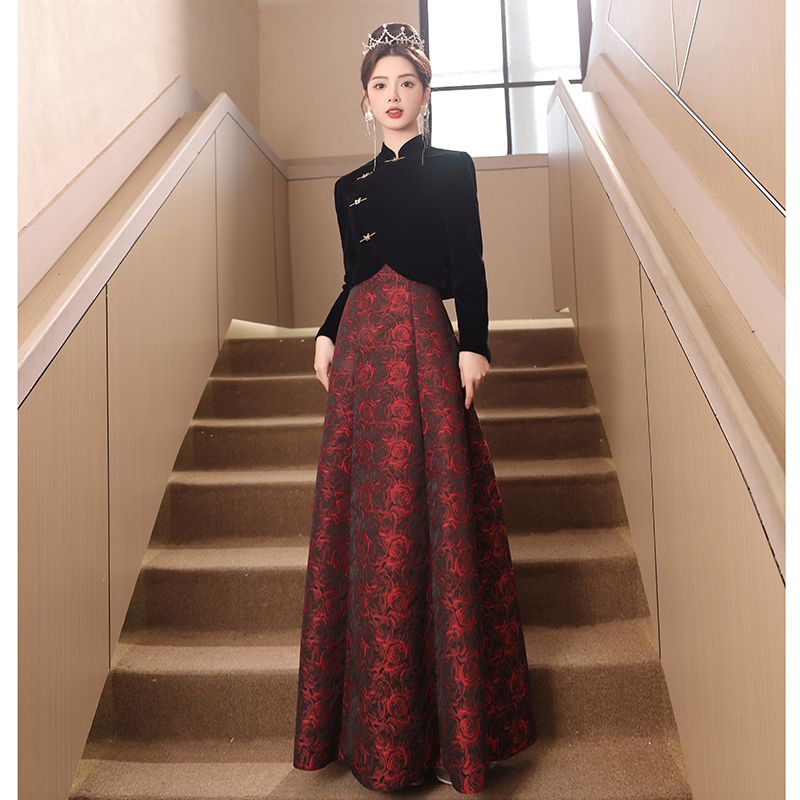 Chinese-Style Evening Dress for Women, Long-Sleeved, 2026 New Model, High-End, Luxurious, Niche, Black, Engagement, Petite, Elegant