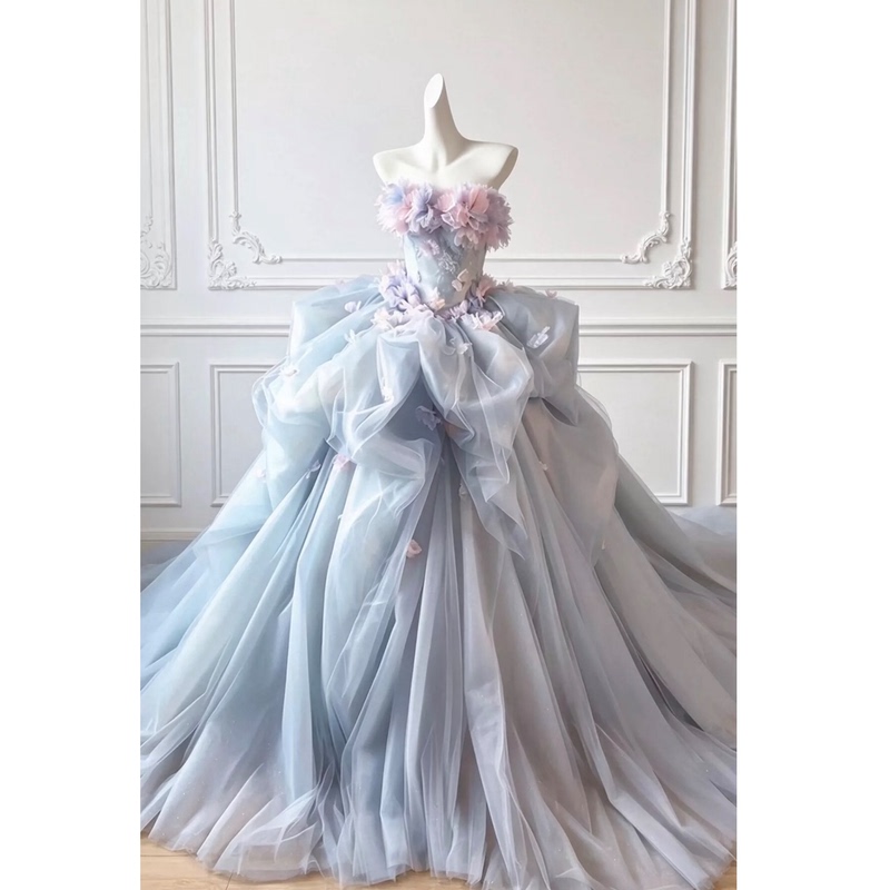 French-Style Strapless Wedding Dress, High-End Light Luxury, Heavy Floral Embroidery, Tulle Train, Princess Dress, Coming-Of-Age Ceremony Evening Gown