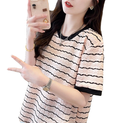 짧은팔 티셔츠 여성 대형 여성 대조 줄무늬