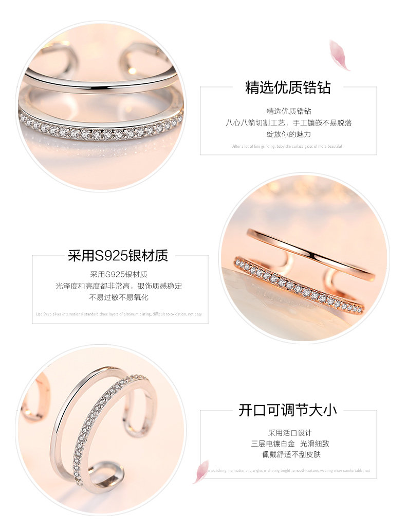 Xia Xi thời trang hình trái tim chiếc nhẫn kim cương nữ Nhật Bản và Hàn Quốc s925 bạc đơn giản chiếc nhẫn kim cương vòng vài vòng mở