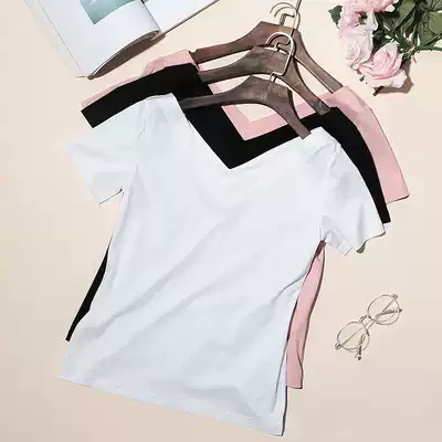Double-sided mercerized cotton T-shirt women's short sleeve slim Thin Thin 2021 New vneck base shirt foreign style half sleeve top