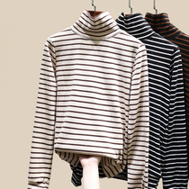 Striped base shirt womens high collar hair grinding autumn and winter 2020 new interior long sleeve double-sided velvet Joker cashmere top