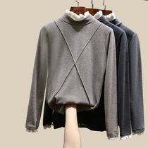 Semi-high neck lace lace base shirt women plus velvet thickened autumn and winter with foreign long sleeves Joker fake two blouses