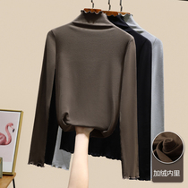 Semi-high collar de velvet plus velvet base shirt female autumn winter foreign style inside 2021 new spring and autumn long sleeve wooden ear top