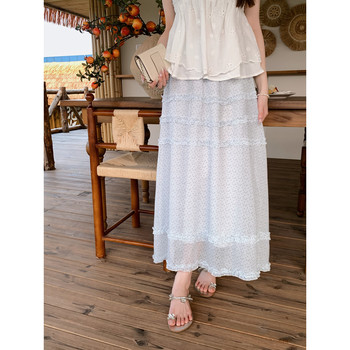Anli 2026 ໃຫມ່ elastic waist wavy point layered fungus long skirt summer refreshing feeling linen skirt