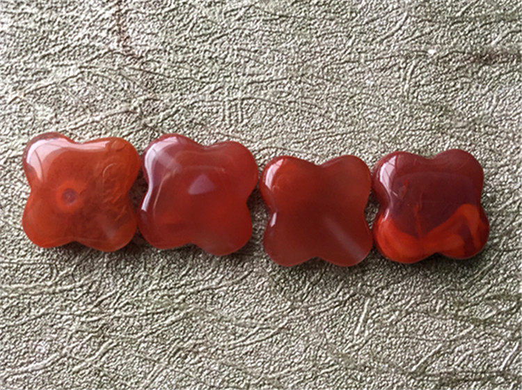 DIY аксессуары 南红玛瑙柿子红火焰纹  天然川料  半孔四叶草耳环耳针413