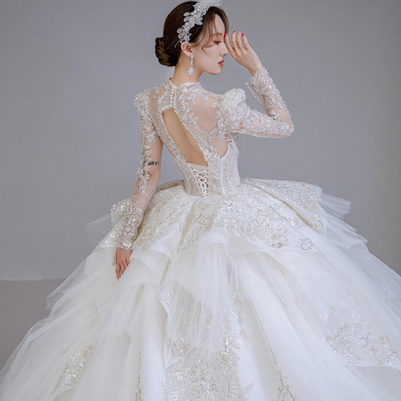Six -year -old shop four colors of Lebanese bride's main wedding dress 2021 new court style French high -end summer big drag tail small autumn Six -year -old shop four colors of Lebanese bride's main wedding dress 2021 new court style French high -end summer big drag tail small autumn