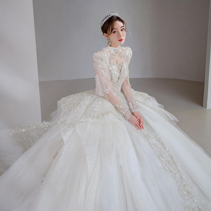 Six -year -old shop four colors of Lebanese bride's main wedding dress 2021 new court style French high -end summer big drag tail small autumn Six -year -old shop four colors of Lebanese bride's main wedding dress 2021 new court style French high -end summer big drag tail small autumn
