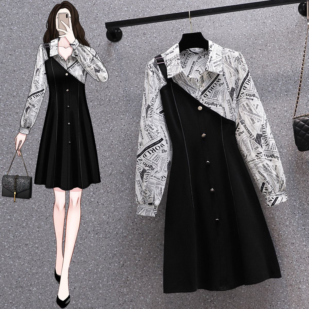 Fat sister 2022 early spring new large-size women's fashion slimming cover belly age-reducing design shirt-style dress