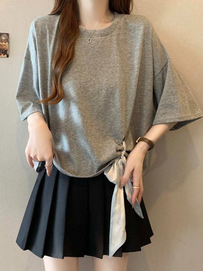 Новая летняя шелковая футболка-поло 2025 года с коротким рукавом, больших размеров, для полных женщин, серая, утягивающая, скрывающая живот, с рукавом до локтя