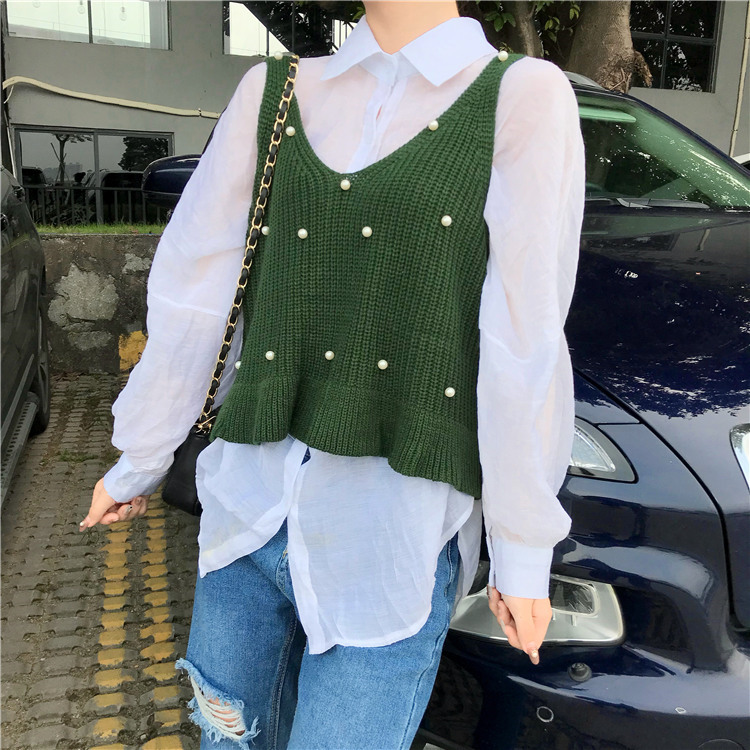 Mùa thu cổ chữ V đính cườm trên áo len không tay áo len nhỏ quai nhỏ đan áo len màu sắc rắn vest áo bánh bèo