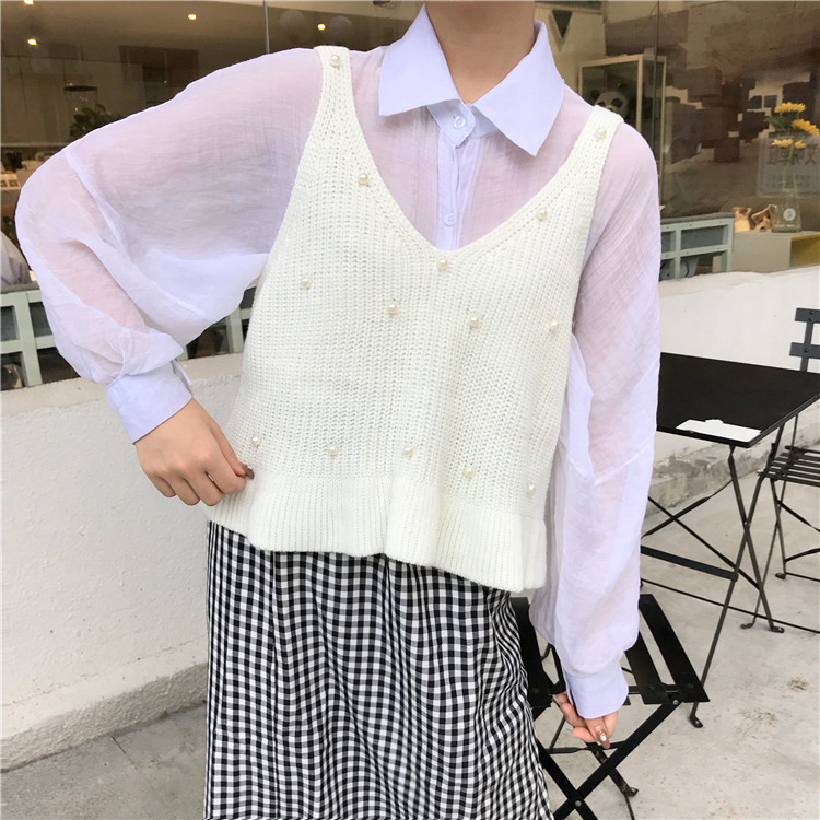 Mùa thu cổ chữ V đính cườm trên áo len không tay áo len nhỏ quai nhỏ đan áo len màu sắc rắn vest áo bánh bèo