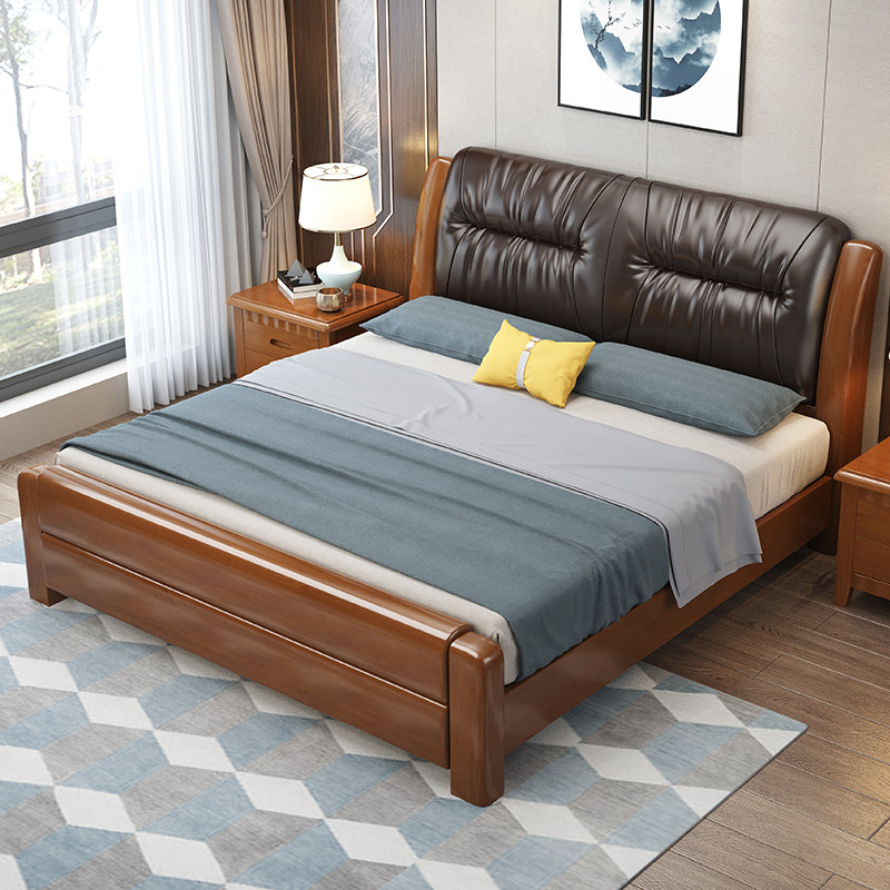 Solid wood bed master bedroom with double bed 1 8 m 1 5 m modern minimalist bedroom storage Soft bunk wedding bed New Chinese large bed