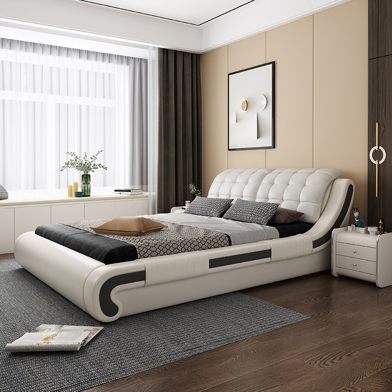 Modern minimalist light luxury real leather bed 1 8 m Double wedding bed master bedroom Type 1 5 m Soft bag Bedroom Large bed