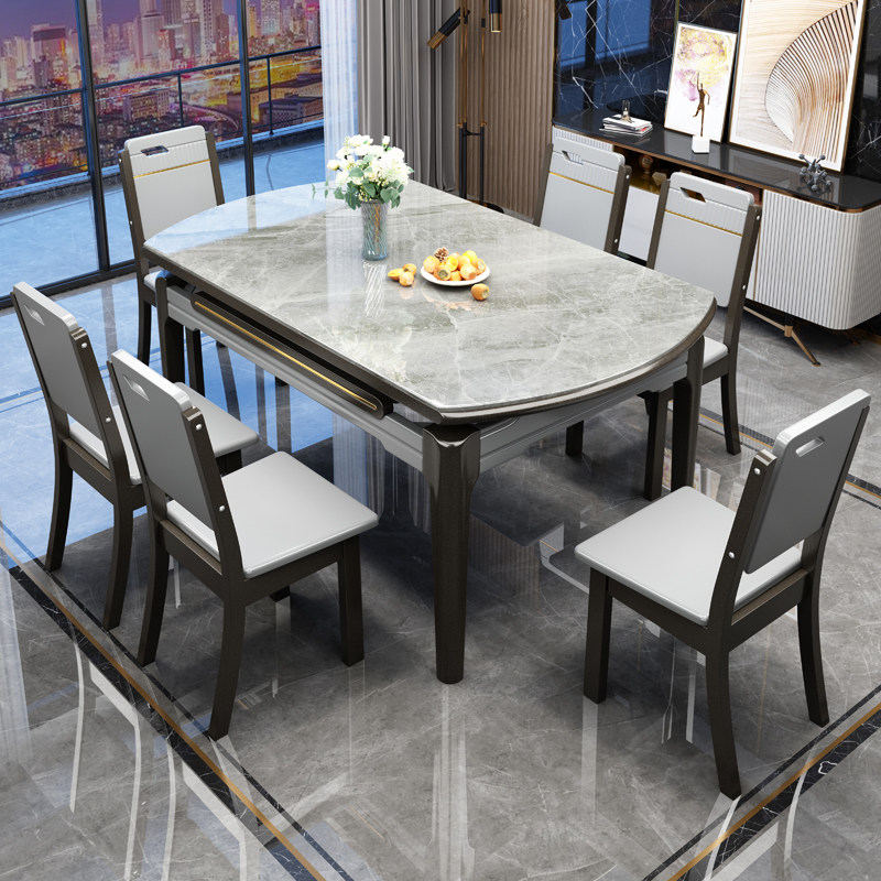 Rock plate dining table and chairs combined modern minimalist style light lavish household small family type telescopic folding and folding double-purpose dining table