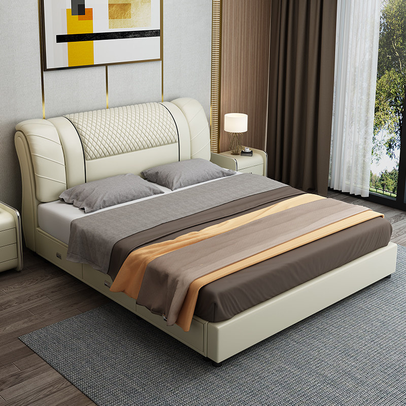 Real leather bed master bedroom with modern simplicity 1 5 m single bed 1 8 m double bed with bed with high box leather art bed