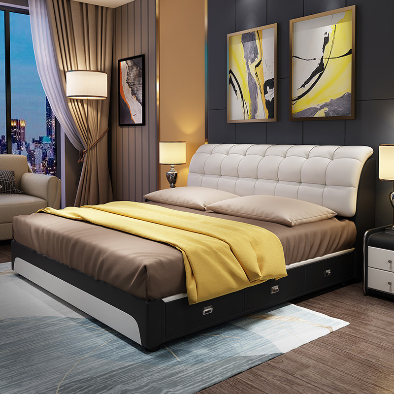 Italian Light Luxury Real Leather Bed 1 8 m Double beds Main bedroom Storage Wedding Bed Modern Simplicity Approb. 1 5 m Single Soft Bag Bed