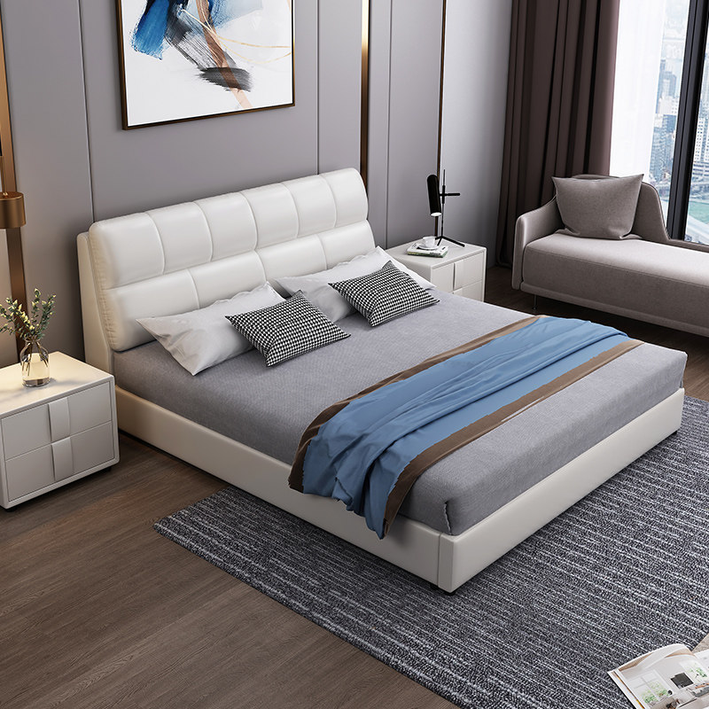 Real leather bed light extravagant modern master bedroom with large bed soft bag 1 8 m double bed with bed and tatami bedroom minimalist wind bed