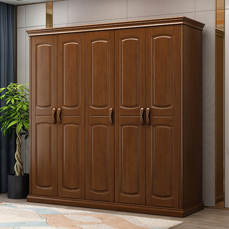 Solid wood wardrobe Chinese rubber wood bedroom closet five doors six doors flat open door bedroom furniture storage large closet
