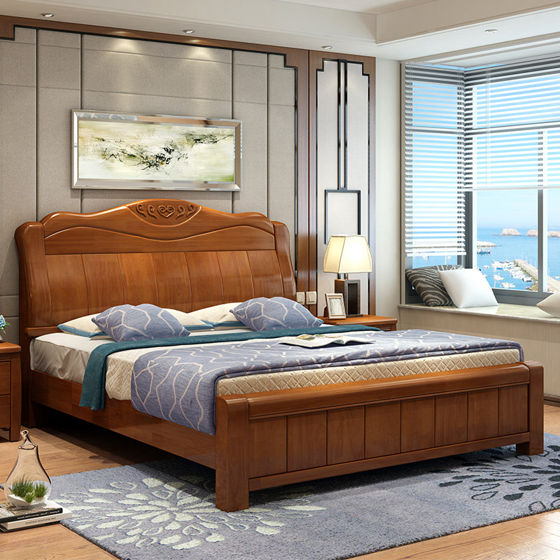 Solid wood bed master bedroom 1 8 m Double beds New Chinese economy Type of modern simplicity about 1 5 m single storage high box bed