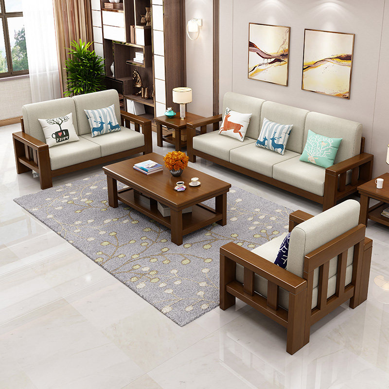 full solid wood sofa combination modern minimalist cloth art trio position sofa Chinese size family style living room full house innate