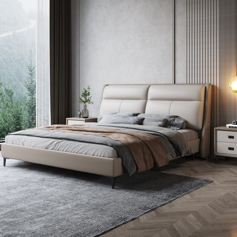 Bed light extravagant modern minimalist minimalist Nordic soft foreskin bed 1 8 m genuine leather bed double bed master bedroom with large bed